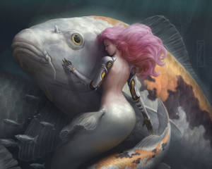 粉紅色頭髮的機械美人魚在水下撫摸一條巨型錦鯉。 — 神話生物 壁紙