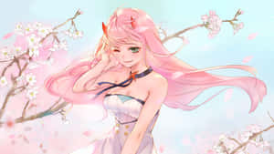 春天櫻花下，粉紅色頭髮和角的動漫女孩。 — 美女與野獸 壁紙