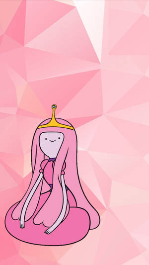 一位卡通公主，長著粉紅色長髮，戴著金色皇冠，坐在粉紅色幾何背景上。 — 粉嫩粉彩美學 壁紙