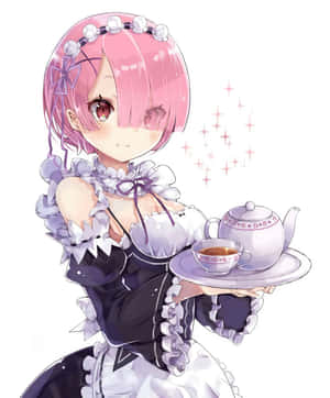 粉紅髮動漫女僕奉茶，帶有閃爍效果。 — Apple Watch Ultra 壁紙