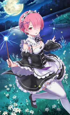 月光下花田裡手持魔杖的粉紅髮動漫女僕女孩。 — Pixel Tablet 壁紙