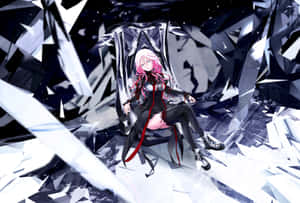 粉紅髮動漫女孩坐在星空下的碎玻璃中。 — 罪惡王冠 壁紙