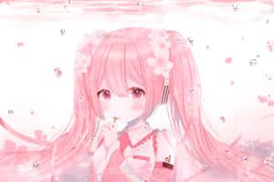粉紅色頭髮的動漫女孩在櫻花雨中吹著蒲公英花瓣。 — 櫻島麻衣 壁紙