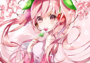 粉紅色頭髮和櫻花花瓣的動漫女孩正在吃糰子。 — 櫻島麻衣 壁紙