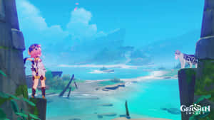 動漫女孩和老虎俯瞰碧綠海灣，遠山為背景。 — 原神 壁紙
