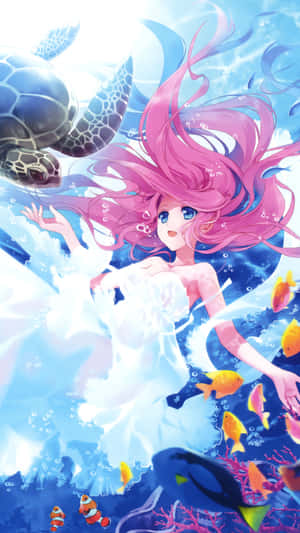 粉紅色頭髮的動漫女孩與海龜和熱帶魚一起在水下游泳。 — 美人魚 壁紙
