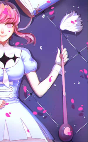 粉紅色頭髮的動漫女孩拿著魔法魔杖，花瓣飄浮。 — OnePlus Pad Lite 壁紙