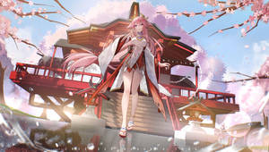 粉紅色頭髮的動漫女孩穿著和服站在櫻花下的神社上。 — 八重神子 壁紙