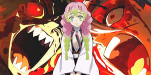 粉紅色頭髮和綠色眼睛的動漫女孩面對惡魔生物。 — 鬼滅之刃 炭治郎 壁紙