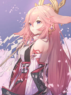 粉紅色頭髮的動漫女孩穿著傳統和服，被櫻花環繞。 — 八重神子 壁紙