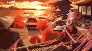 穿著紅色武士服的動漫女孩，在火紅的秋日落日中站在日本屋頂上。 — 原神 壁紙