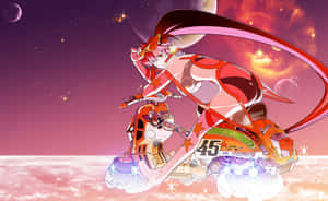 動漫女孩騎著未來感摩托車在滿天星斗的外星天空中奔馳。 — 天元突破紅蓮螺巖 壁紙