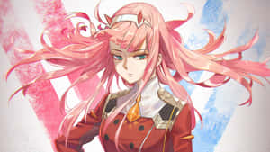 粉紅髮動漫女孩紅色軍裝粉紅藍色背景 — 零二 GIF 壁紙
