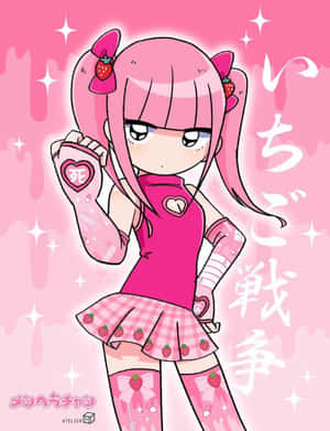 粉紅色頭髮和草莓服裝的動漫女孩拿著一個心形物體。 — Pink Kawaii 壁紙