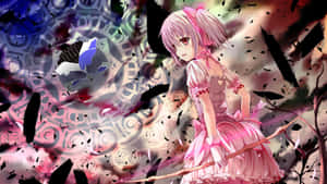 粉紅色頭髮和弓的動漫女孩被魔法符號和黑暗能量包圍。 — 魔法少女小圓 壁紙