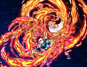 動漫角色在熊熊烈火中揮劍與惡魔戰鬥。 — 混沌武士 壁紙