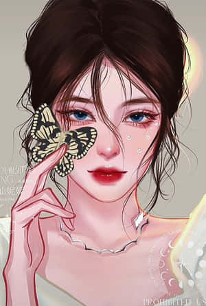 藍眼動漫女孩手持蝴蝶靠近臉龐，帶有露珠。 — 美麗的動畫 壁紙