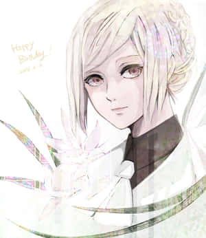 銀色頭髮的動漫女孩在生日時拿著一朵發光的白色花朵。 — Galaxy Z Fold 壁紙