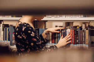紅指甲女性在圖書館書架上瀏覽書籍。 — 看書 GIF 壁紙