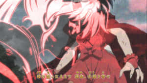 紅髮動漫女孩在戲劇性的戰鬥場景中釋放出發光的紅色能量。 — 深色主題 壁紙