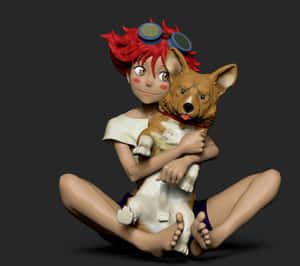紅髮戴護目鏡的動漫女孩擁抱柯基犬。 — 狗狗藝術 壁紙