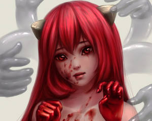 紅髮動漫女孩，頭上有惡魔角，臉上沾滿血跡，被幽靈般的手包圍。 — 前衛動漫 壁紙