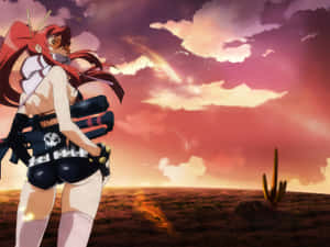 紅髮動漫女孩與武器在夕陽下的沙漠中。 — 庫洛魔法使 壁紙