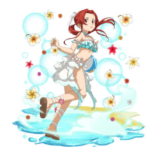 動漫女孩穿著泳衣在水中跳躍，周圍有漂浮的泡泡和花朵。 — 天蠍座美學 壁紙