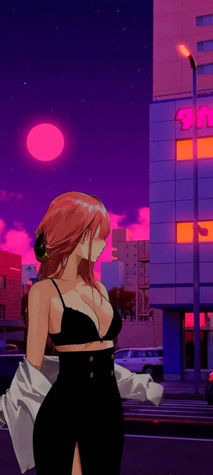 紅髮動漫女孩黑色服裝在霓虹燈城市街道下粉紅色月亮 — Pixel 9a 壁紙