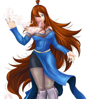 紅髮動漫女性穿著藍色連衣裙做出搖滾手勢，伴有煙霧 — Galaxy Z Fold 6 壁紙