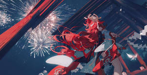 紅髮動漫少女在夜晚的煙火下跳舞。 — 美學天空 壁紙
