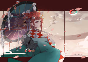 動漫少女身穿和服手持陽傘，櫻花飄舞。 — 太宰 壁紙