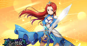 紅髮動漫女孩身穿藍色盔甲，手持發光的劍。 — 天蠍座美學 壁紙