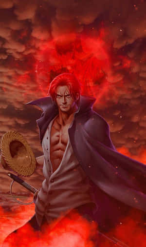 紅髮斗篷動漫戰士被紅色火焰和惡魔光環包圍。 — Galaxy Tab A 壁紙