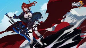 紅髮動漫女戰士手持大劍，動作中。