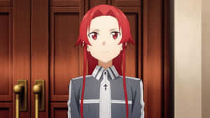 紅髮動畫女孩穿著灰色制服，室內站在木門附近。 — 天蠍座美學 壁紙
