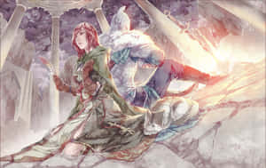 一位紅髮女子跪在廢棄寺廟中一隻沉睡的狐狸旁邊，身後站著一位戰士。 — Steam Deck 壁紙