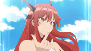 紅髮有角的動漫女孩，在藍天下眨眼並將手指放在嘴唇上。 — 野獸先生 壁紙