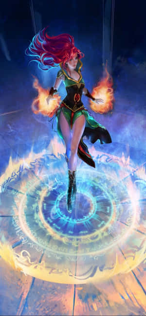 動漫紅髮法師在發光魔法陣上方召喚火焰。 — 電玩遊戲 GIF 壁紙