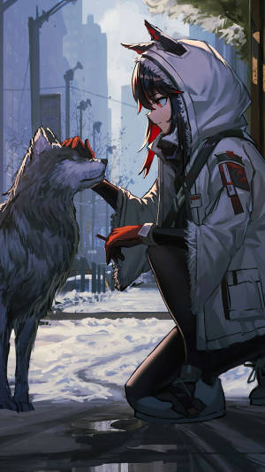 狼耳動漫女孩在雪地城市環境中撫摸狼。 — 狼少女 壁紙