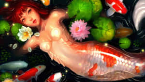 紅髮美人魚，鯉魚尾巴，睡蓮葉，魚，在黑暗的水中。 — 美人魚 壁紙