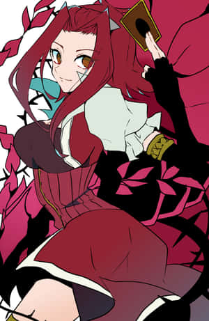 紅髮貓耳動漫女孩在粉紅色帶刺藤蔓中手持卡片。 — Galaxy Z Fold 8 壁紙