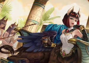 穿著埃及服飾的貓耳女性慵懶地坐在王座上，身後有音樂家在演奏。 — 電玩遊戲 GIF 壁紙