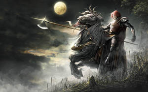 滿月下迷霧森林中持斧的黑馬騎士 — 電玩遊戲 GIF 壁紙
