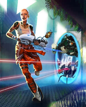 女戰士在叢林中向從發光傳送門出現的機械人發射激光武器。 — Pixel 3 壁紙