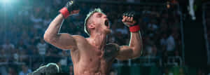 一位勝利的MMA拳手在獲勝後在擂台上高舉拳頭。 — 運動 壁紙