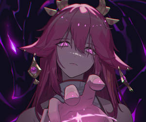 紫髮有角的動漫女孩在黑暗魔法場景中指向前方。 — 八重神子 壁紙