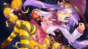 穿著萬聖節服裝的動漫女孩在星空下與南瓜燈跳舞 — 可愛動漫女孩 壁紙
