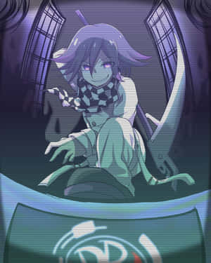 紫髮發光眼睛的動漫女孩在故障的數位環境中。 — 電玩遊戲 GIF 壁紙