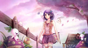 動漫女孩在一個有漂浮生物和巨型蘑菇的魔法花園中。 — 可愛卡通 壁紙